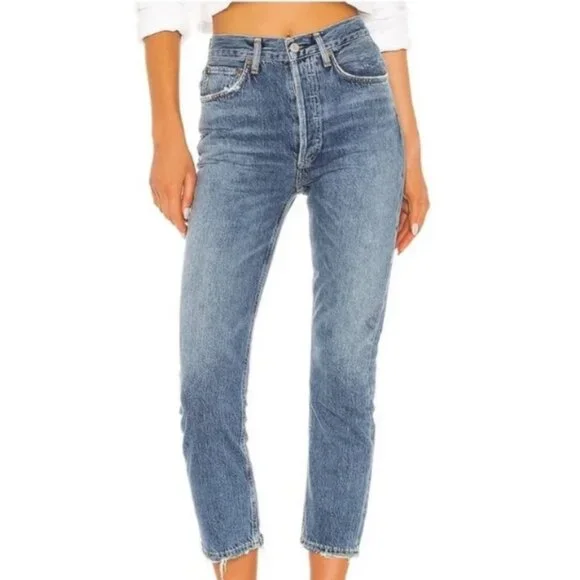 Agolde Riley High Rise Straight Crop Stretch Skinny Button Fly Denim Jeans 24 - Picture 4 of 15